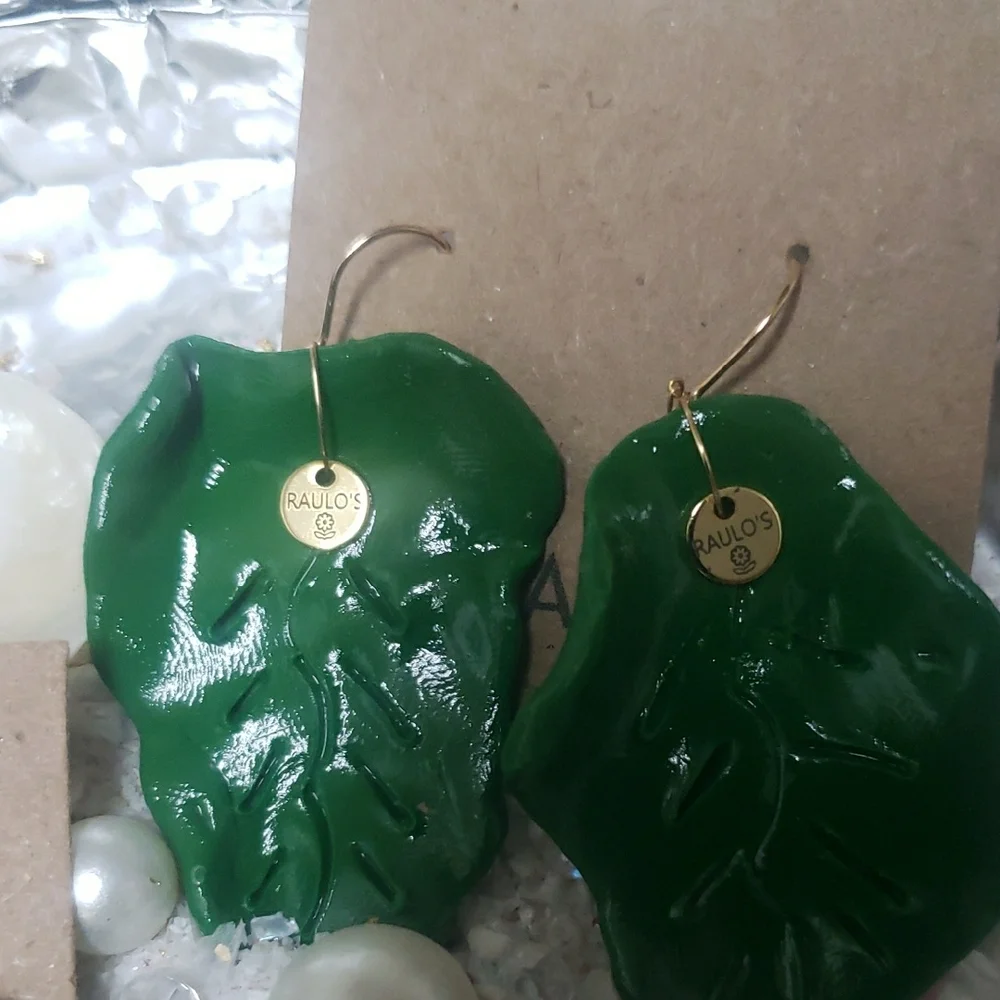 Green Leaf Clay Earrings